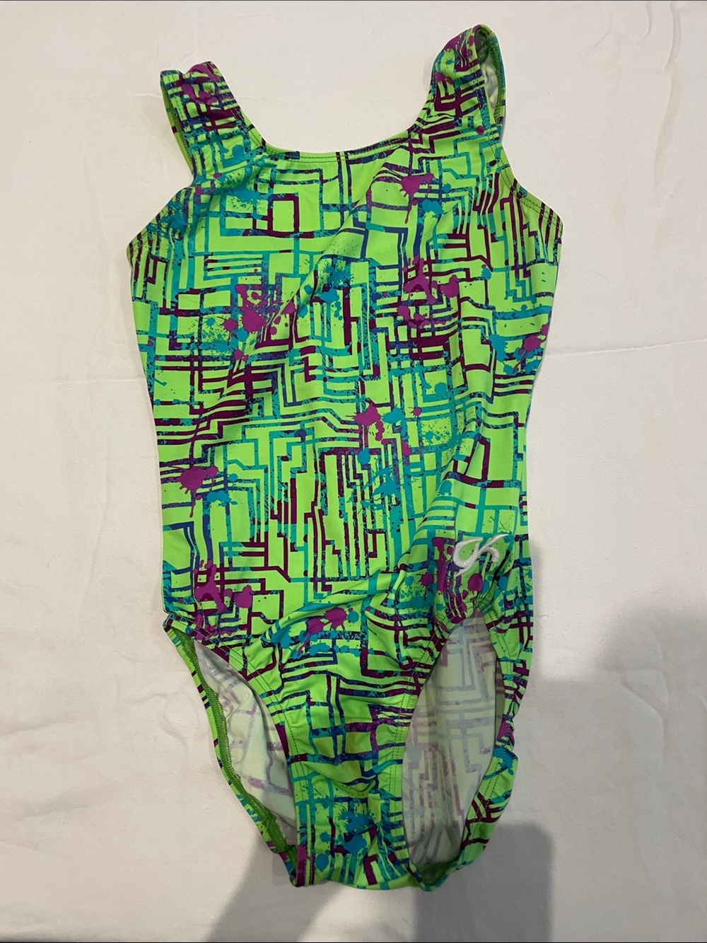 GK Girls' Neon Green Geometric One-Piece Leotard - size AS